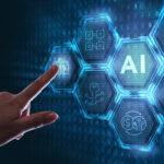 A.I (A-L) Product image. Male finger pointing to a blue screen with AI on it.