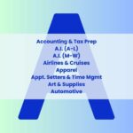 Letter A with Accounting, A.I. (A-L), A.I. (M-W), Airlines, Apparel, Appointment Setters, Art Supplies and Automotive listed on top of letter.